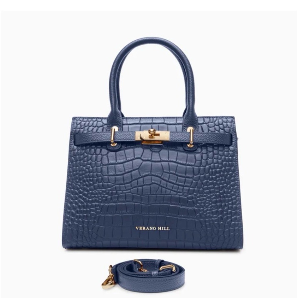 Verano Hill Navy Blue Leather Crocodile-Embossed Handbag Retail $165
